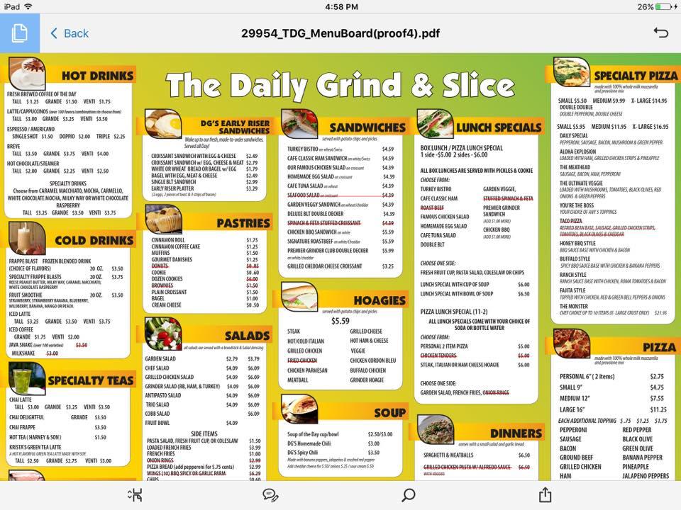 Menu at Daily Grind Gourmet Coffee Co cafe, Hamilton