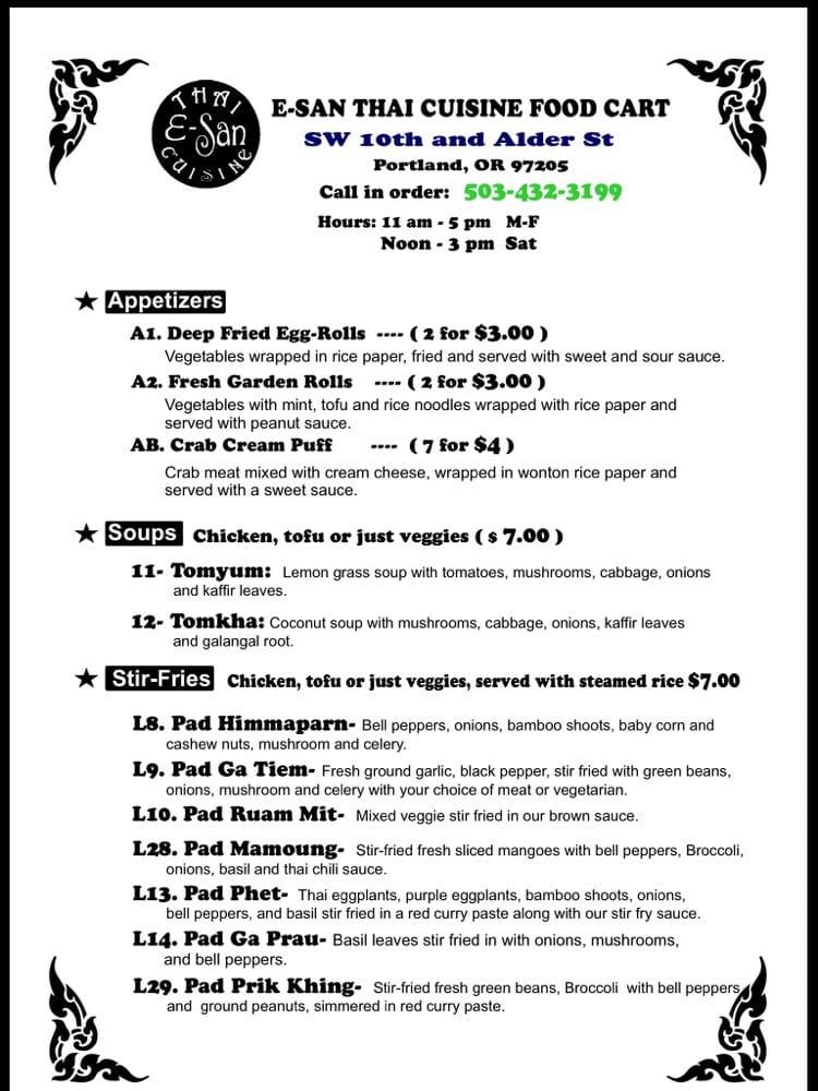 Menu at ESan Thai Cuisine Food Cart restaurant, Beaverton, SW Rose