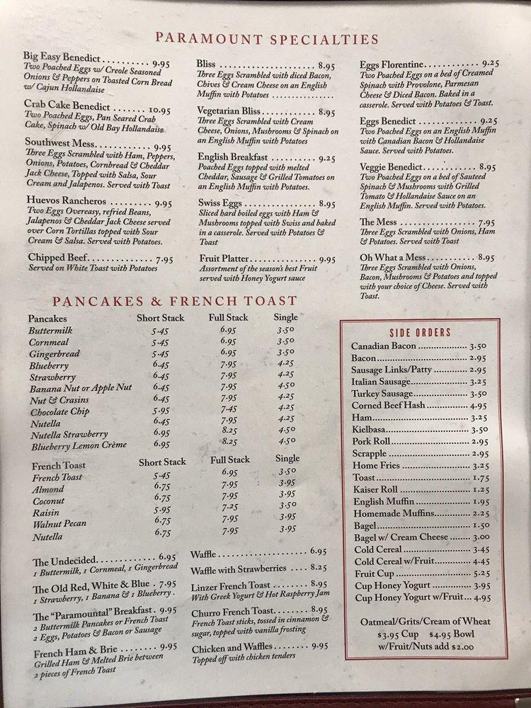 Menu at Paramount Diner cafe, Manasquan