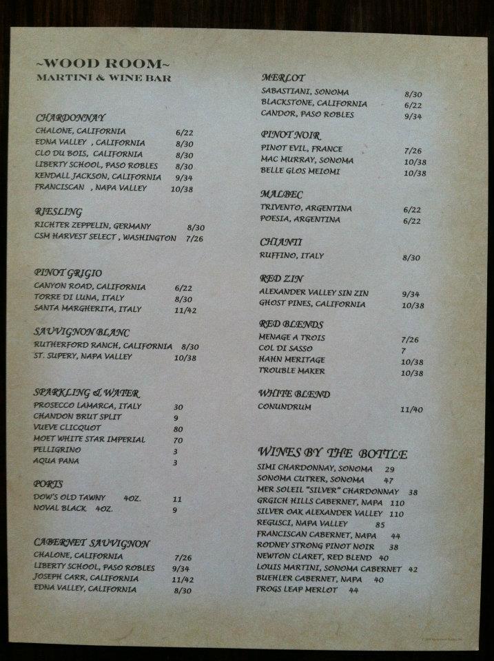 Menu at Wood Room Martini & Wine Bar, Willoughby Hills