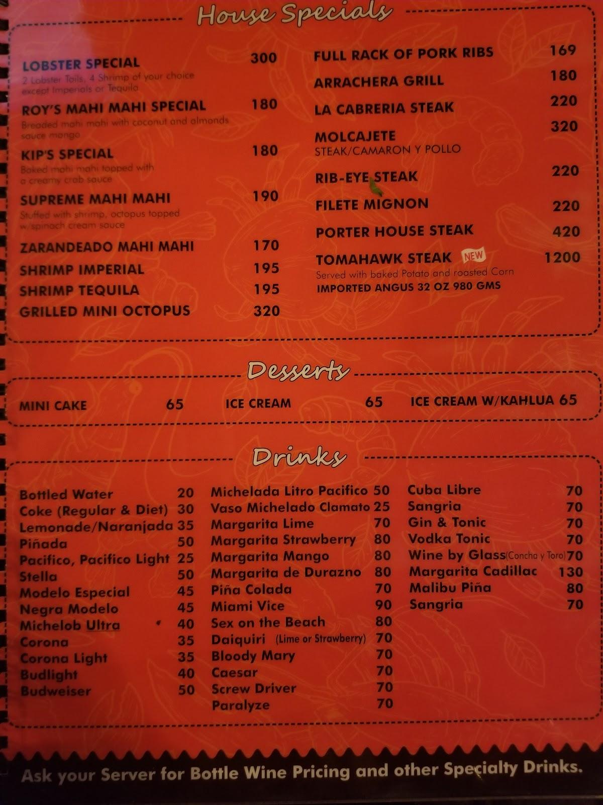 Menu at Roy's Restaurant, Mazatlán