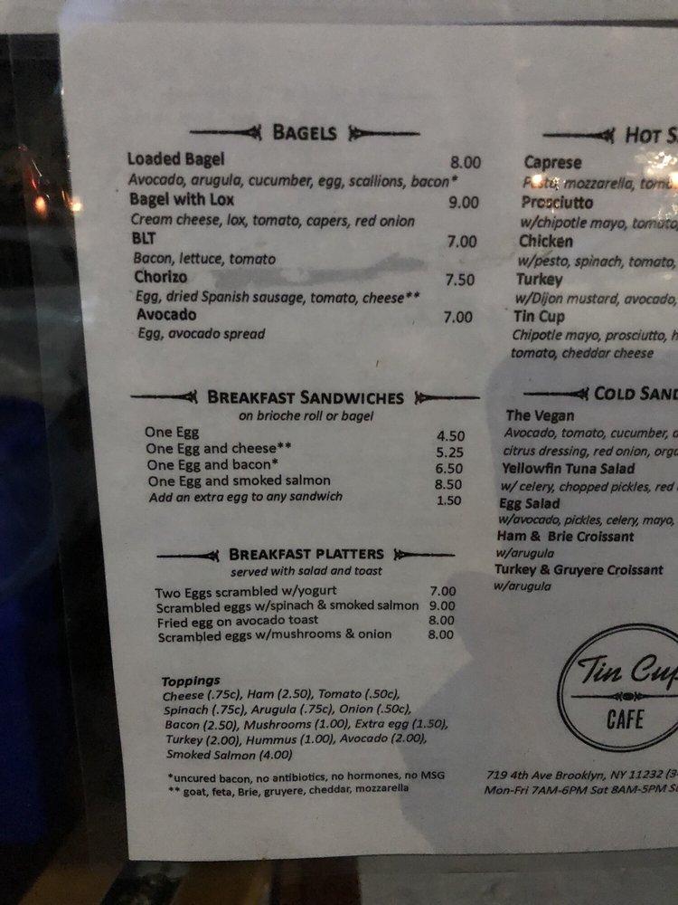 Menu at Tin Cup Cafe, New York City