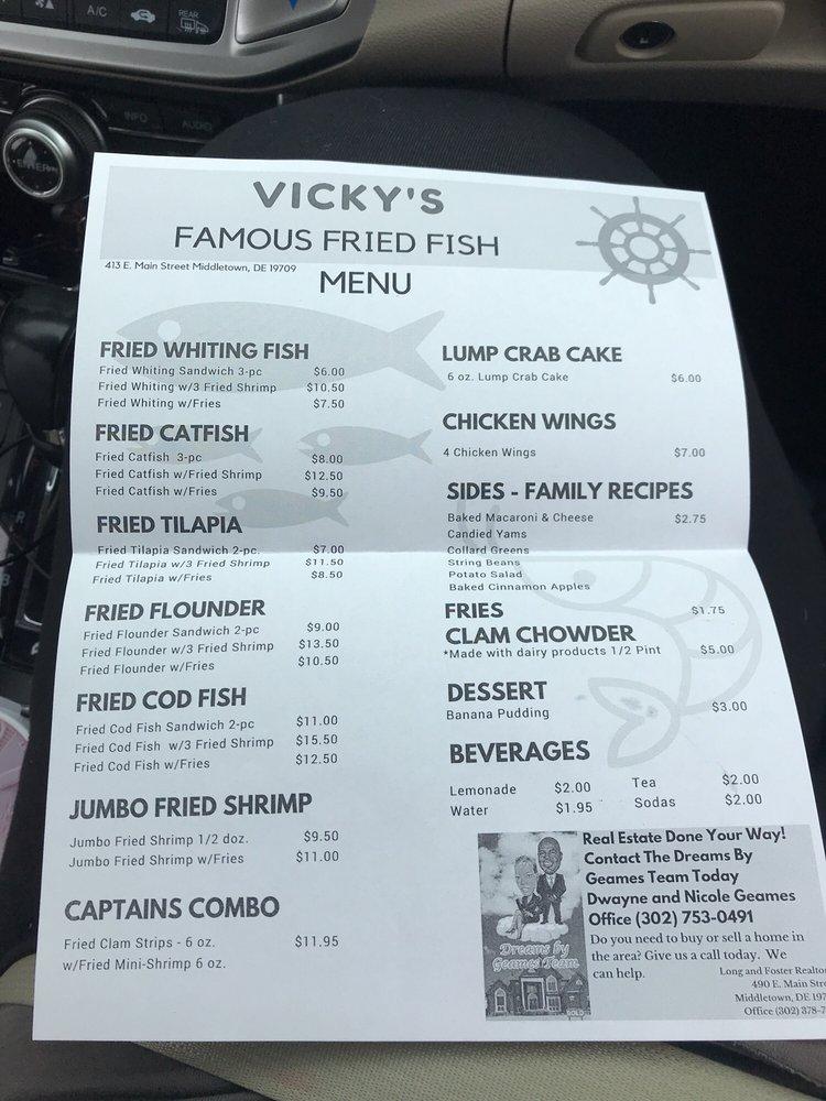 Menu at Vicky's Famous Fried Fish restaurant, Middletown