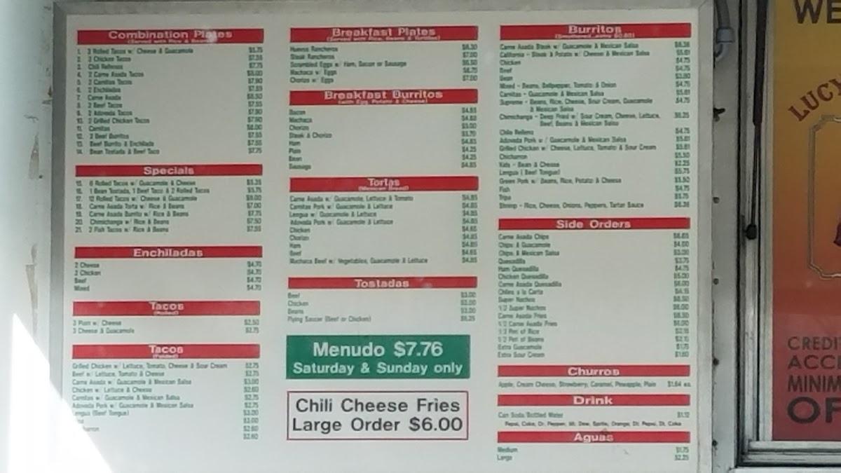 Menu at Lucy's Tacos restaurant, La Junta