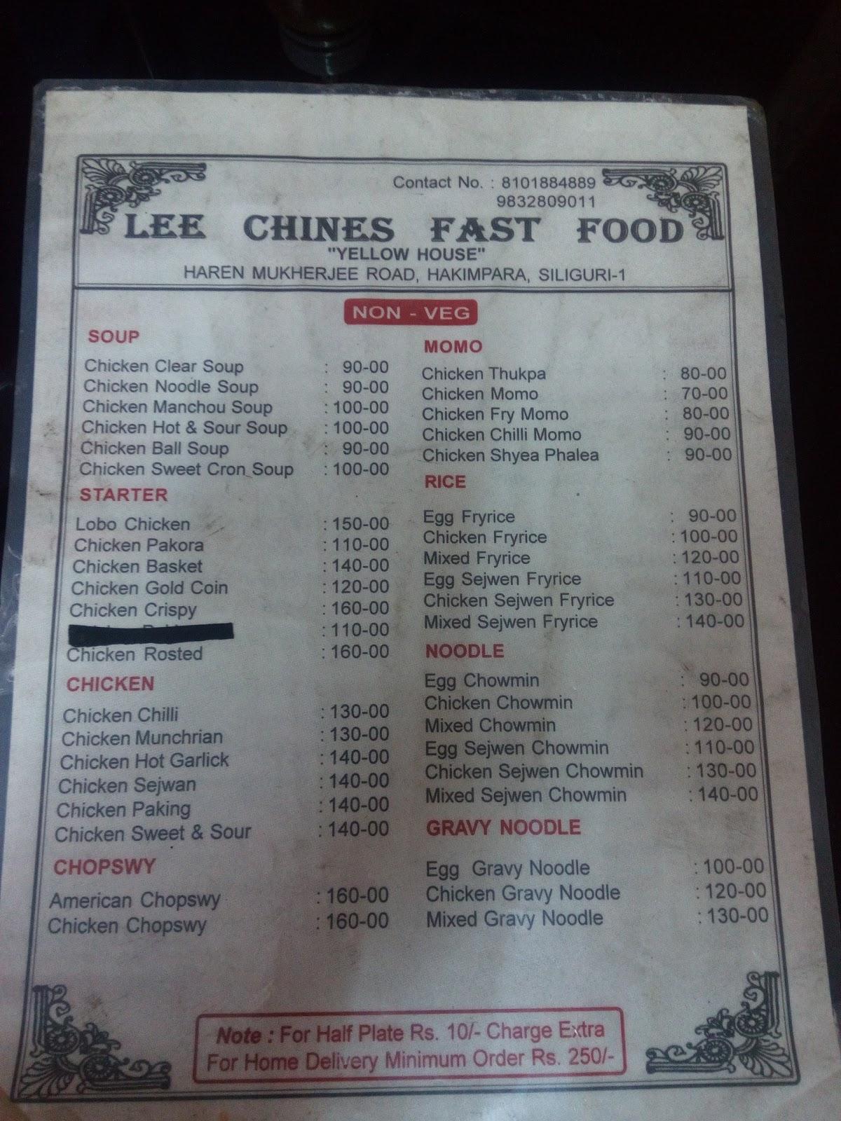 Menu at Lee Chinese Fast food, Siliguri