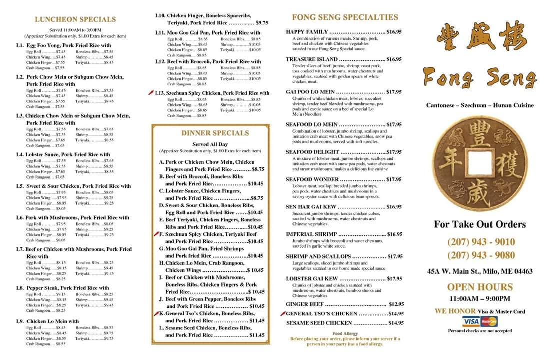 Menu at Fong Seng restaurant, Milo