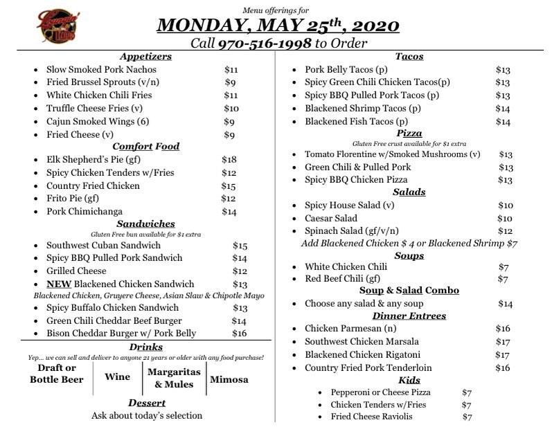 Menu at Loungin' Lizard pub & bar, Cortez, 2 W Main St