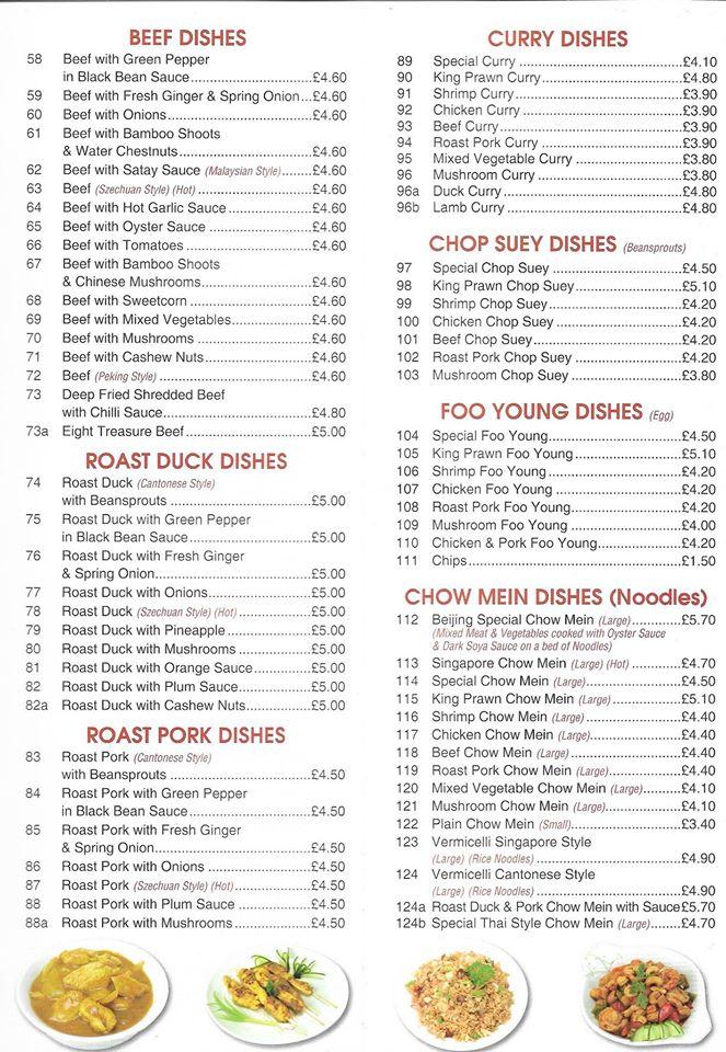 Menu at Peking Palace fast food, Deal