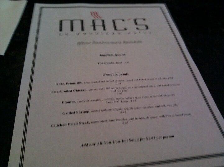 Menu at Mac's Bar & Grill, Arlington