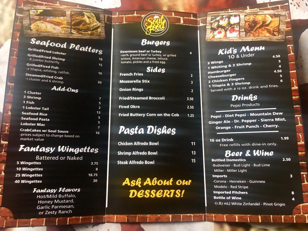 Menu at Soul Food Fantasy restaurant, Eatonville, 521 E Kennedy Blvd