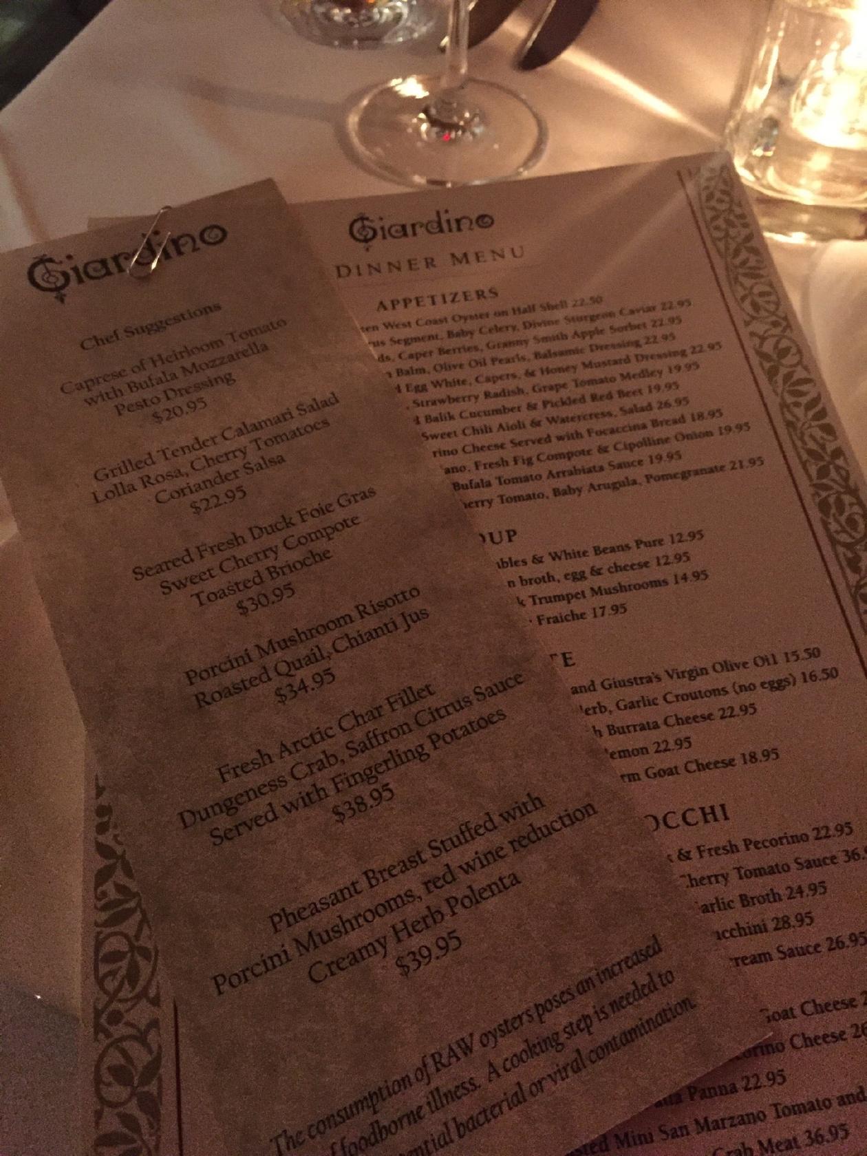 Menu at Giardino Restaurant, Vancouver