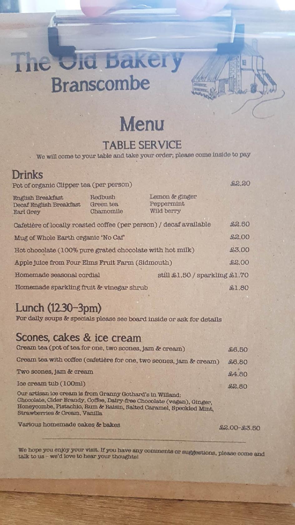 Menu at The Old Bakery Tea Rooms,