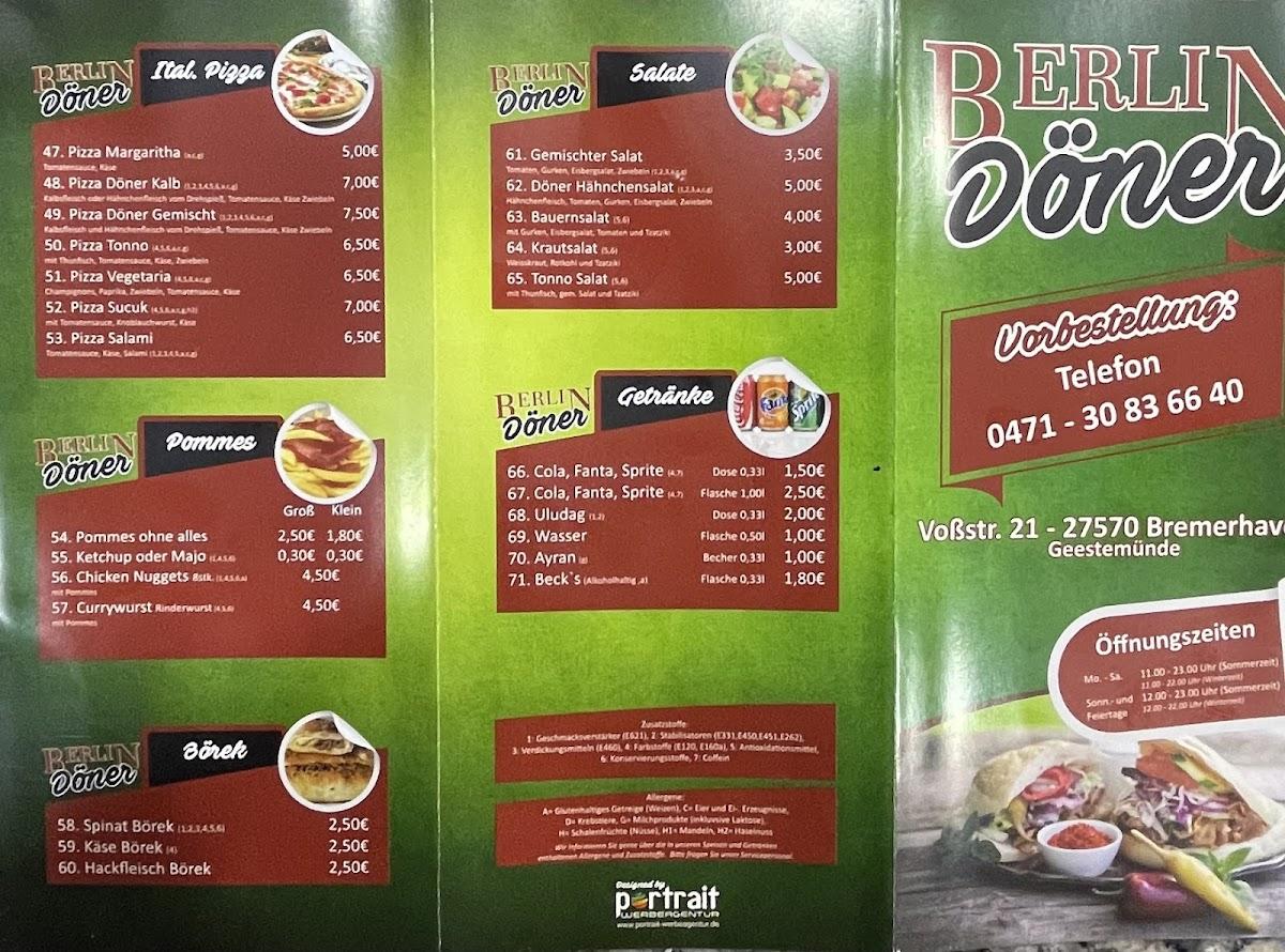 Speisekarte von Berlin Döner restaurant, Bremerhaven