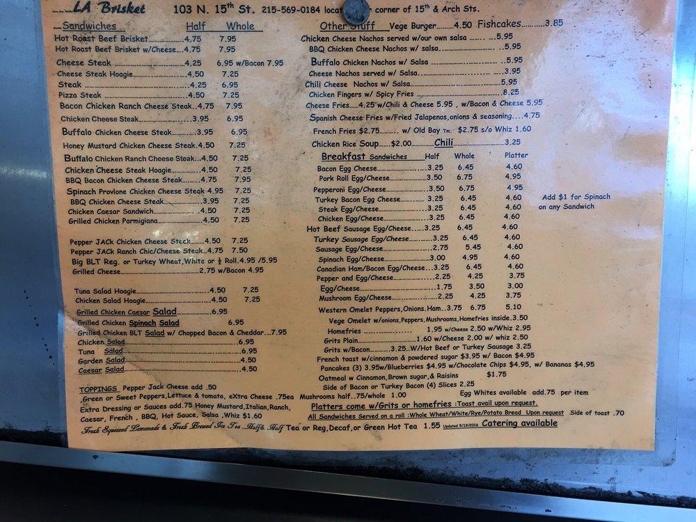 Menu at Bubby's Brisket fast food, Philadelphia, 103 N 15th St