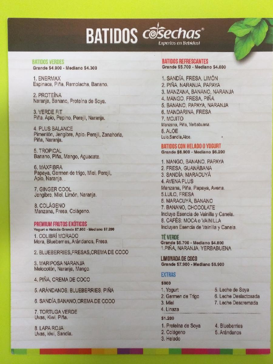 Menu at Cosechas Porto Azul restaurant, Barranquilla