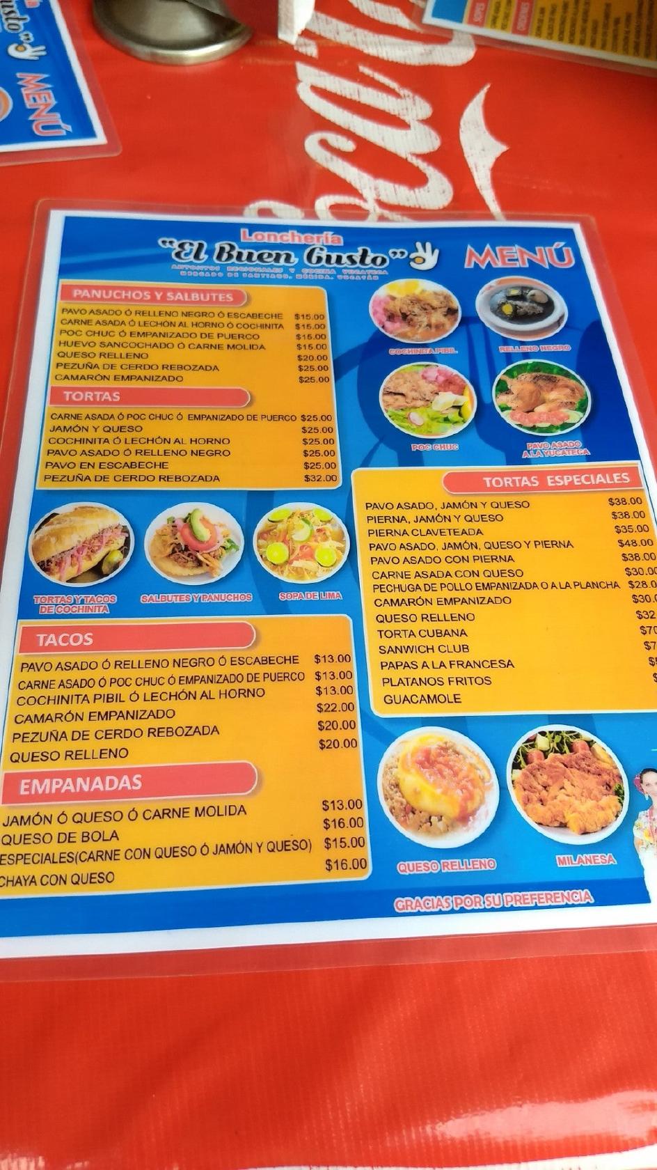 Menu at El Buen Gusto restaurant, Merida, Mercado de Santiago