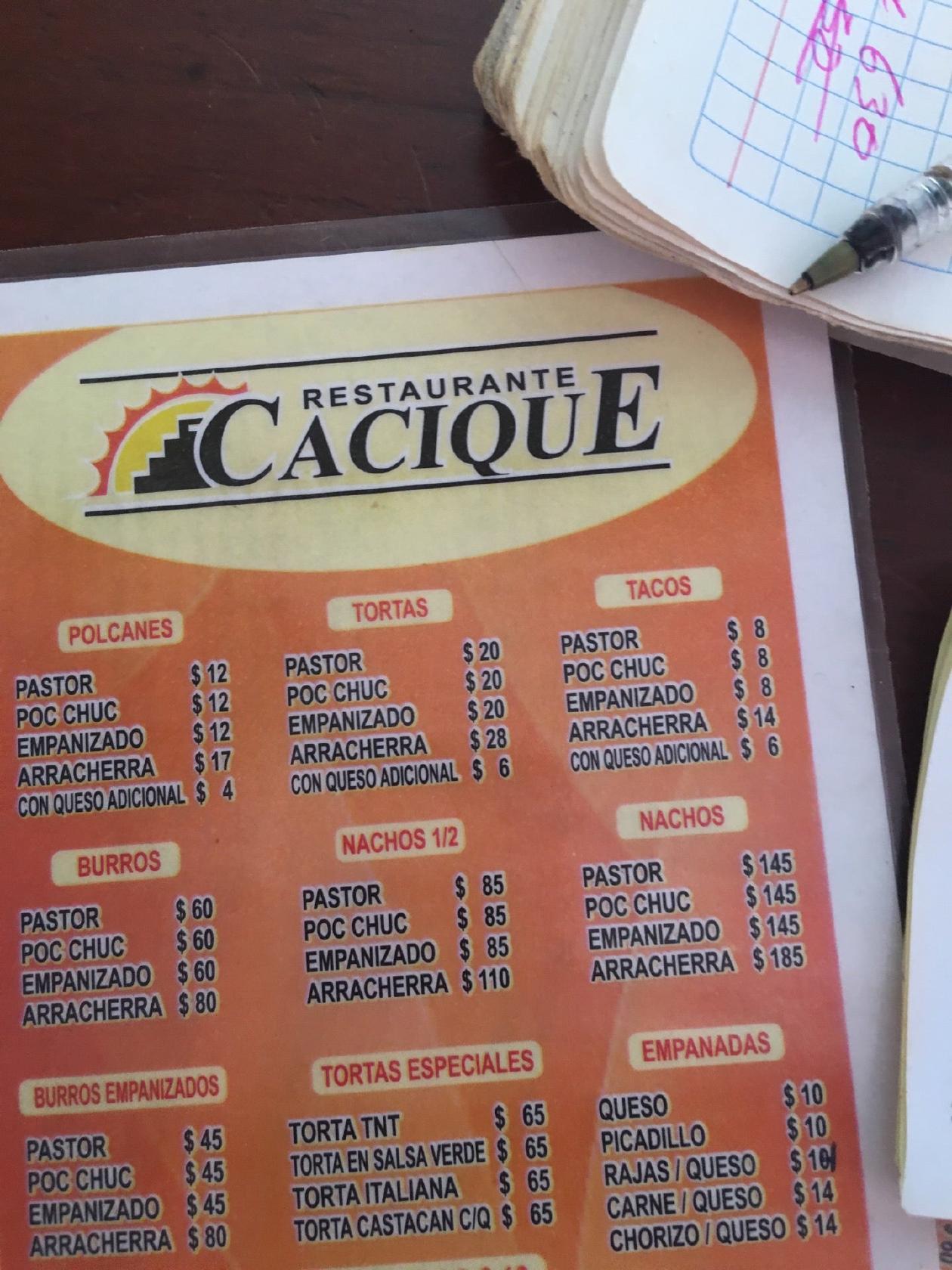 Carta del restaurante Cacique, Merida, Prolongación Paseo del Montejo 34