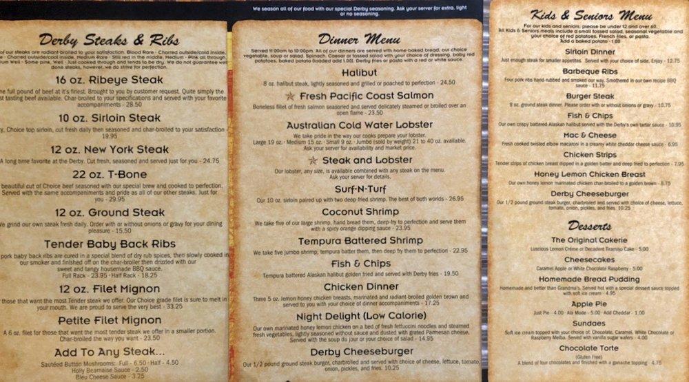 Menu at The Derby Steakhouse, Butte