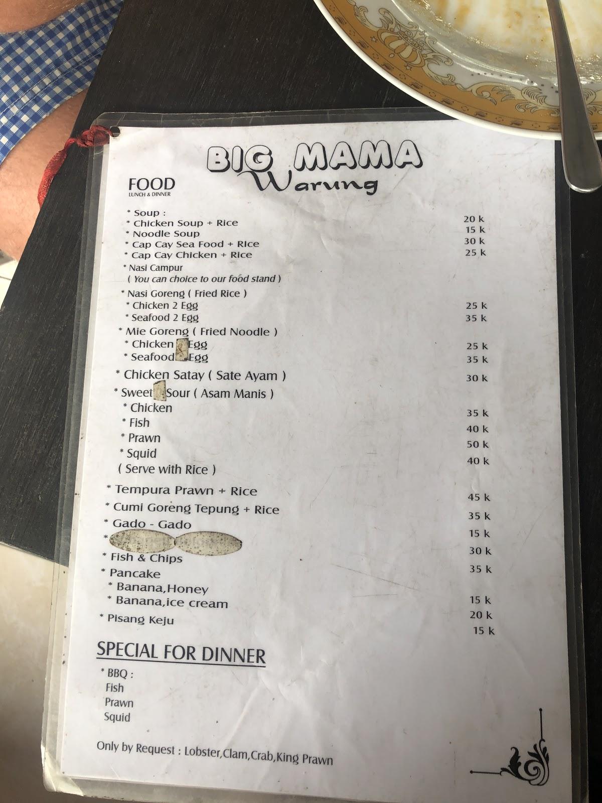 Menu at Big Mama Warung restaurant, Kuta Selatan