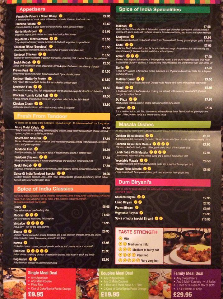 Menu at Spice Of India restaurant, Belfast, 246 Ormeau Road