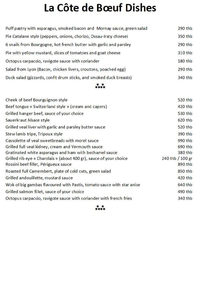 Menu at La Côte de Boeuf Koh Samui, Ko Samui