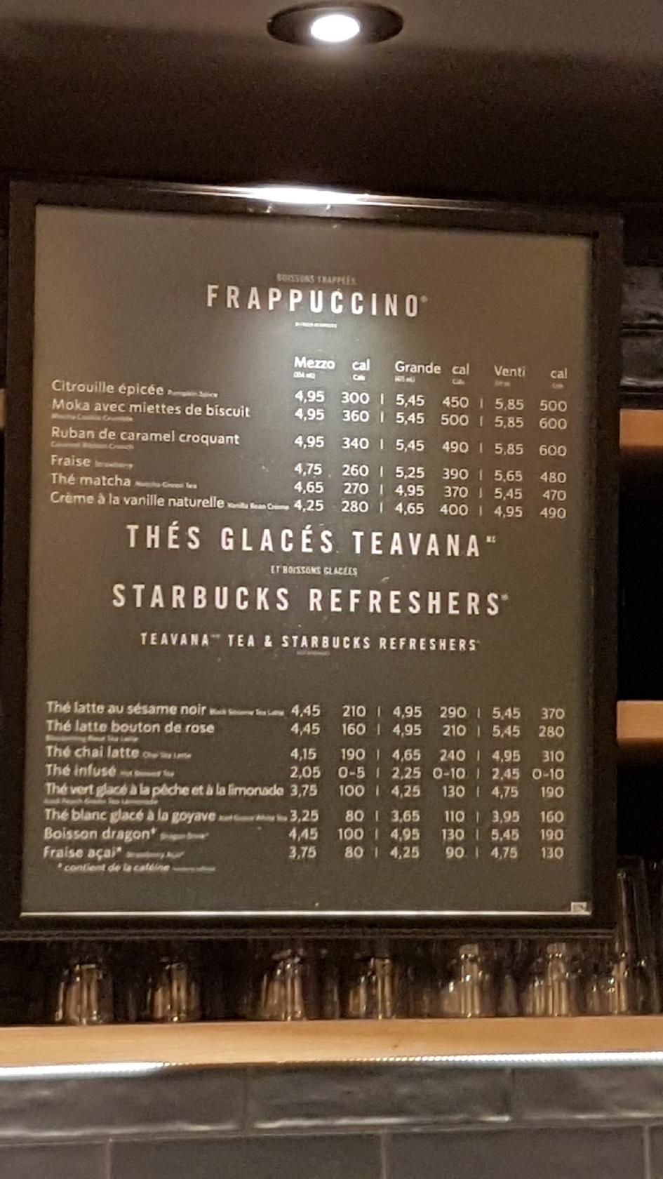 Menu at Starbucks cafe, SaintJérôme