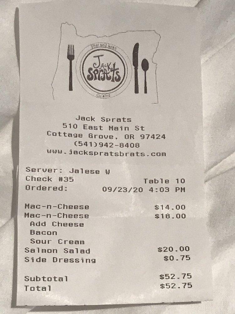 Menu at Jack Sprats Restaurant, Cottage Grove, 510 E Main St