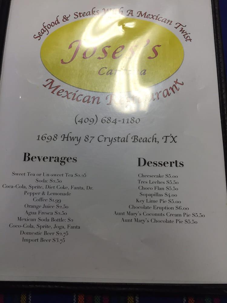 Menu at Jose's Cantina steakhouse, Bolivar Peninsula, TX87