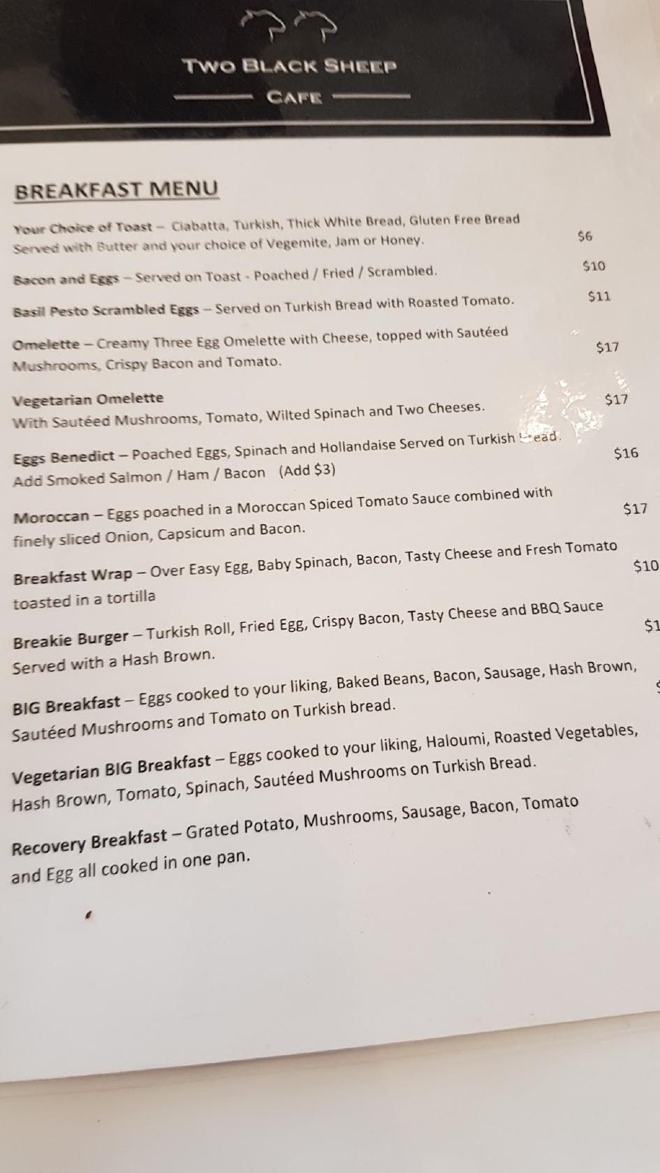 Menu at Two Black Sheep Cafe, Mildura