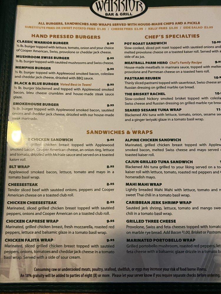 Menu at The Warrior Grill pub & bar, Stroudsburg