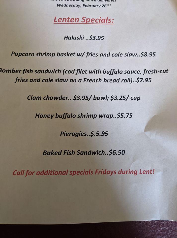 Menu at Baker's Pub, Charleroi