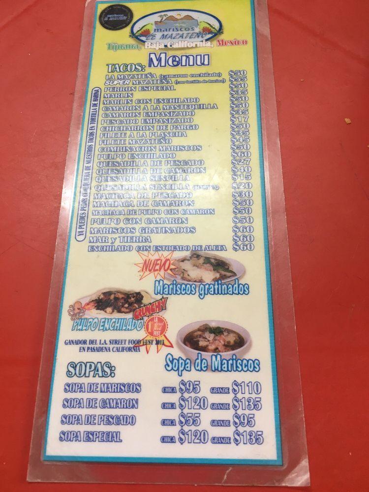 Menu at Mariscos El Mazateño restaurant, Tijuana, Calz del Tecnológico 473