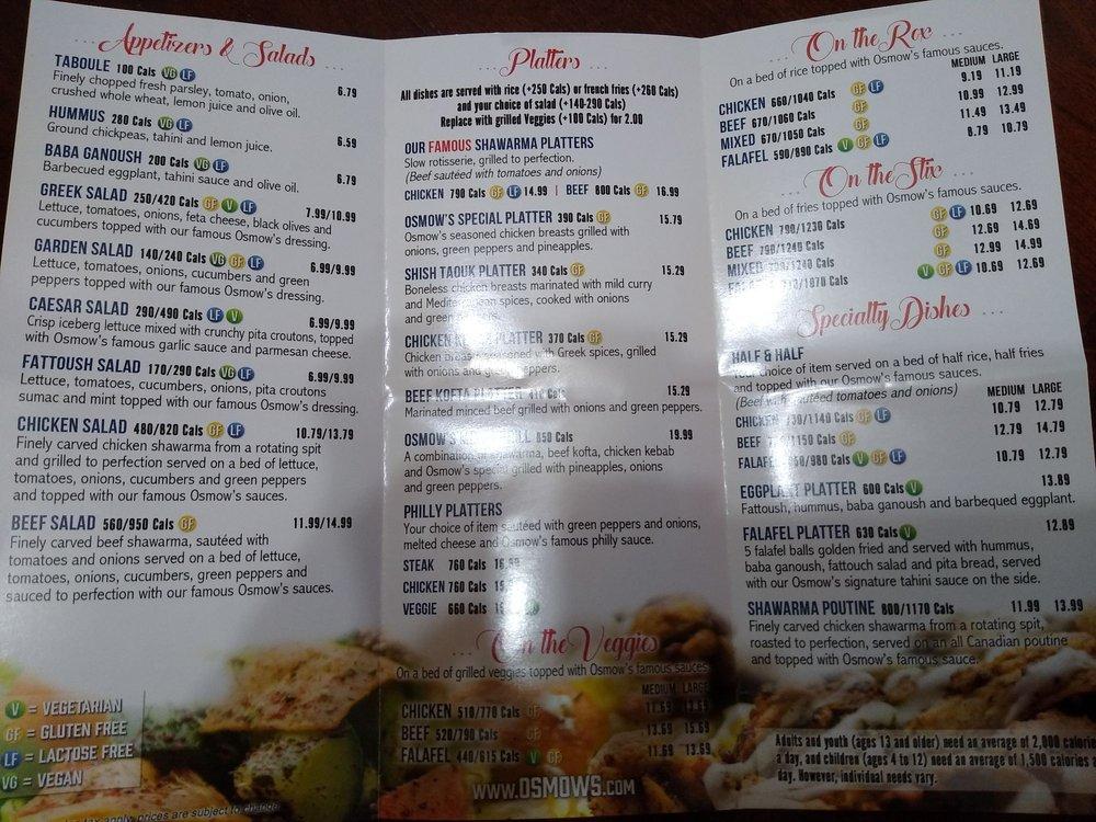 Menu At Osmow S Shawarma Restaurant Ottawa Woodroffe Ave