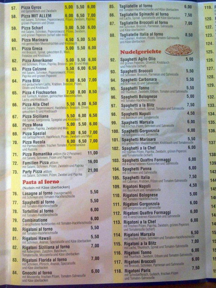Menu de Pizza Blitz