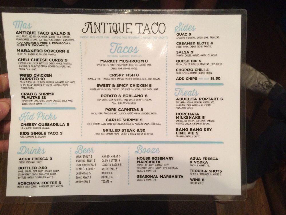 Menu at Antique Taco Wicker Park restaurant, Chicago, N Milwaukee Ave