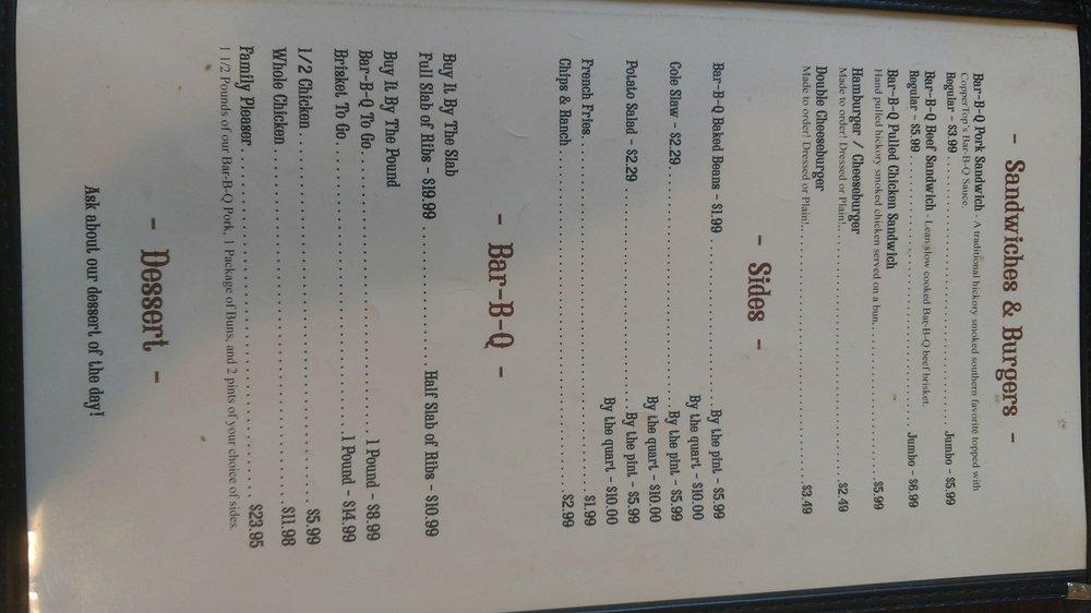 Menu at Coppertop Barbeque, Fredonia, 112 Cassidy Ave