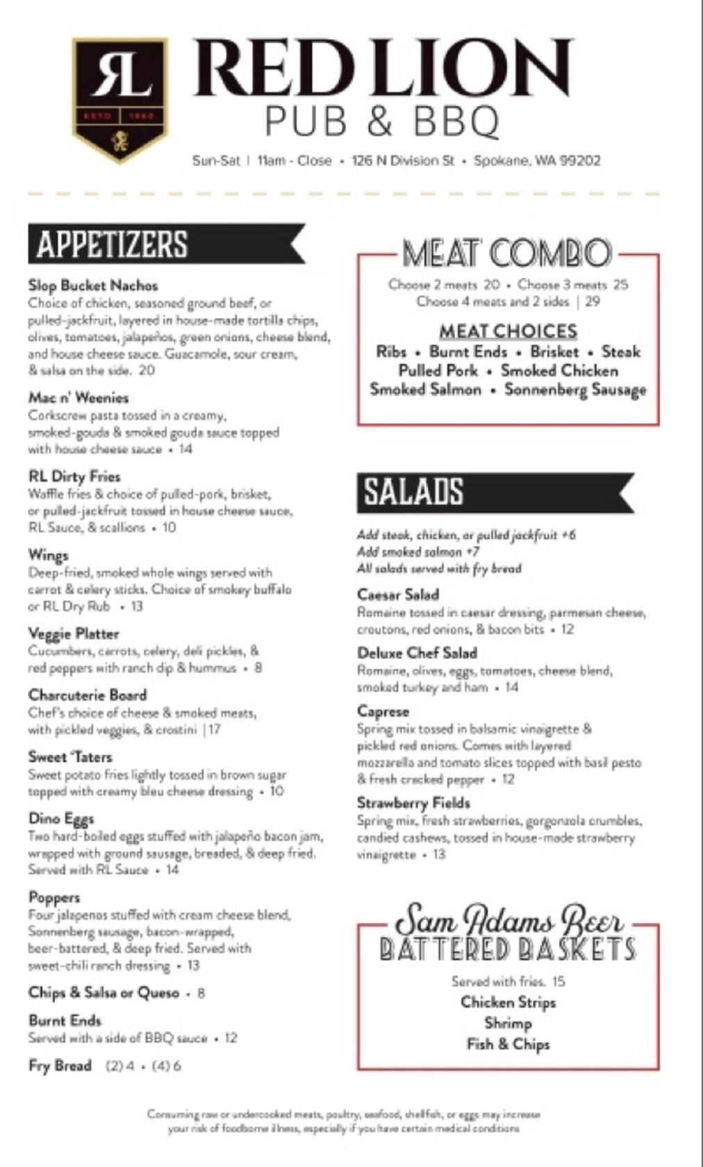 Menu at Red Lion Pub, Spokane