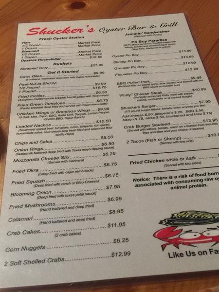 Menu at Shucker's Oyster Bar, Fernandina Beach, Old Nassauville Rd