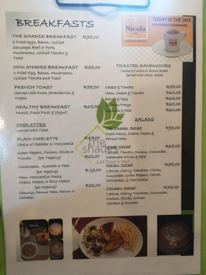 Carta de The Shades Pizzeria and Coffee Shop, Benoni