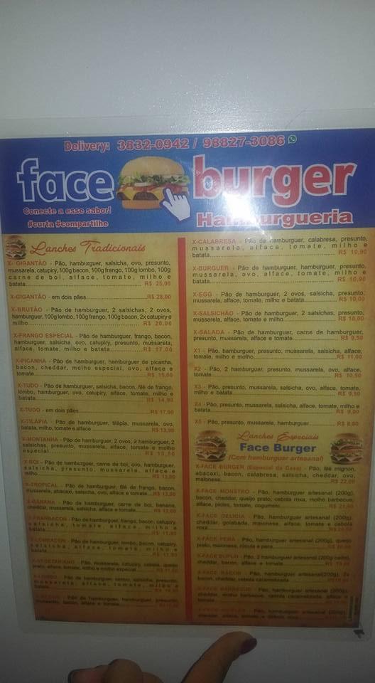 Menu At Face Burger Hamburgueria Brazil