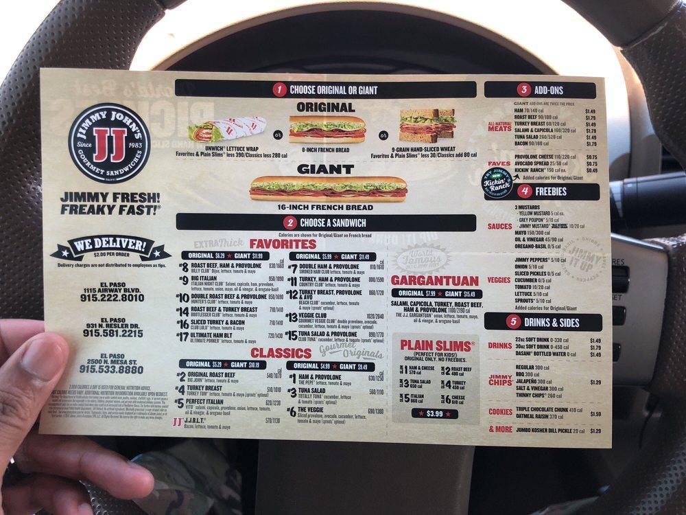 Menu at Jimmy John's fast food, El Paso, Airway Blvd 100