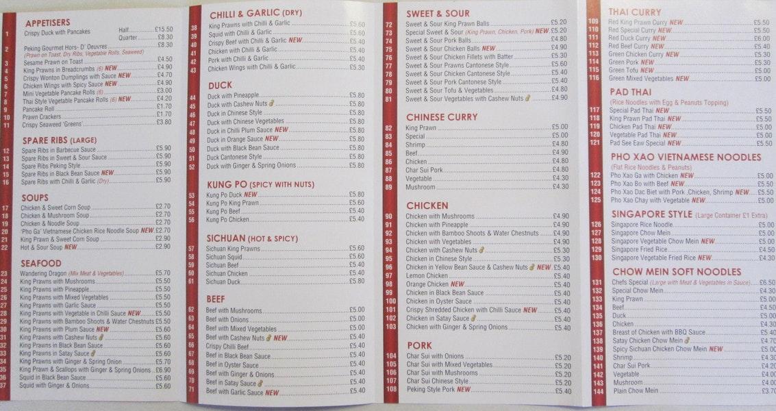 Menu at Peking hors d'oeuvre fast food, Chelmsford, 4