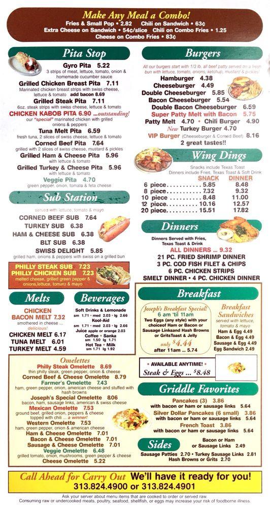 Menu at Joseph's Coney Island restaurant, Detroit
