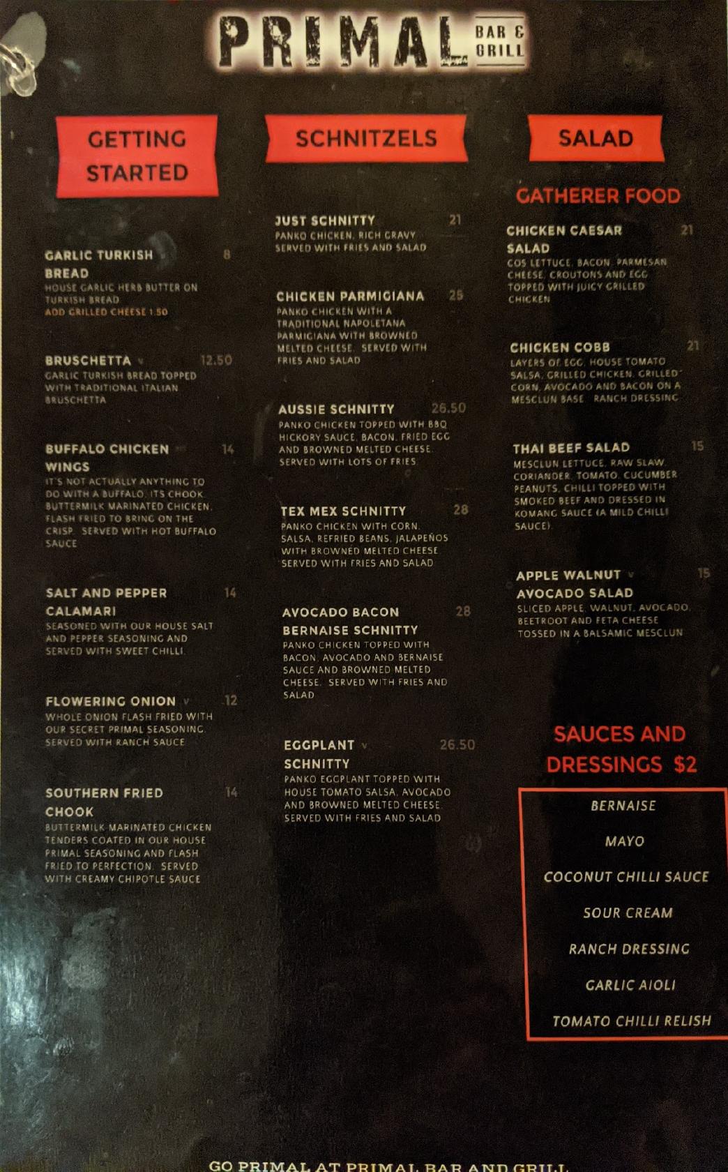 Menu At Primal Bar & Grill, Palmerston City