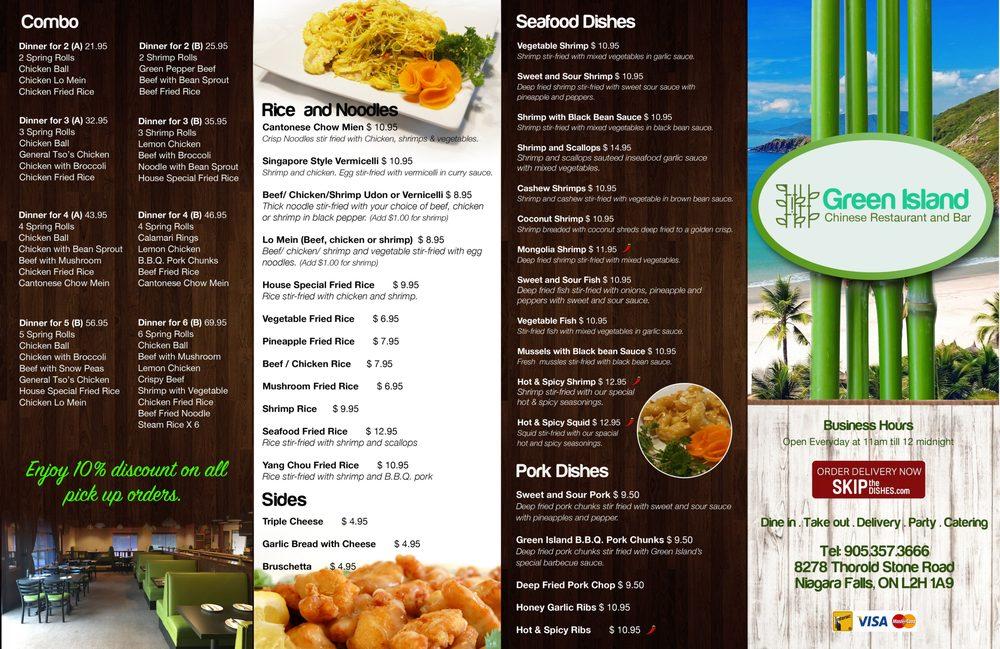 Menu at Green Island Chinese cuisine restaurant, Niagara Falls