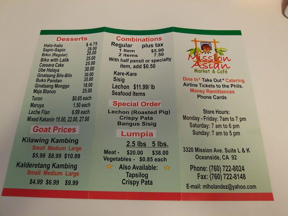 Menu at Mission Asian Market fast food, Oceanside