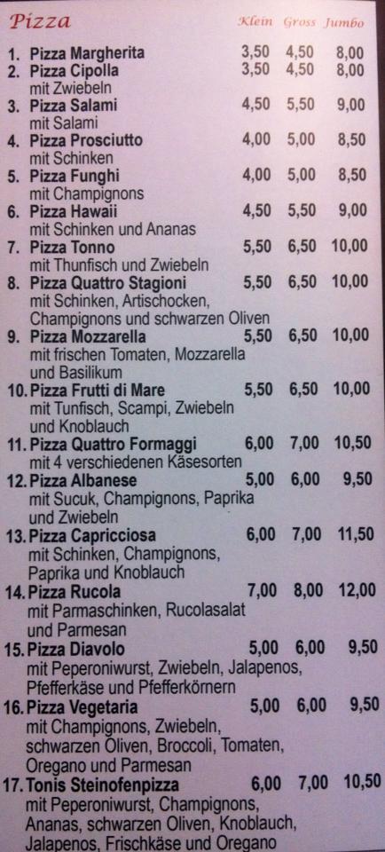 Speisekarte von Tonis Steinofen Pizza Burgbrohl, Burgbrohl