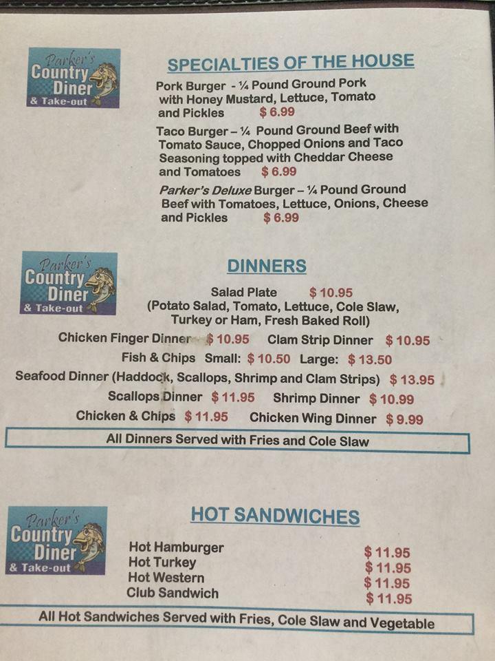 Menu at Parker's Country Diner restaurant, Doaktown