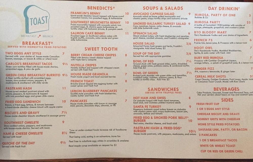 Menu at Toast restaurant, Broken Arrow
