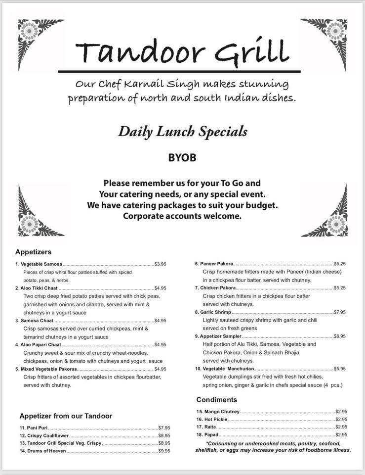 Menu at Tandoor Grill restaurant, Easton